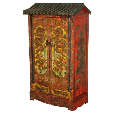 Full Sized Vintage Chinese Red Dragons Painted Pagoda Top Wardrobe With Drawers • £3950