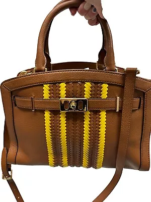 Michael Kors Bag Karson Satchel Purse Luggage Brown Leather Yellow  Woven  B2I • $10