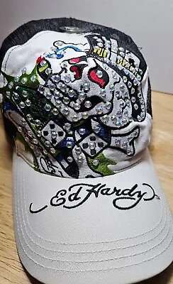 VTG Ed Hardy Skull & Dice Rhinestone Hat Cap Snapback By Christian Audigier EUC • $22.74