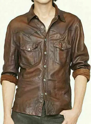 Men's Lambskin Leather Shirt Jacket Soft Basic Vintage Jacket Biker Slim Fit • $148.99
