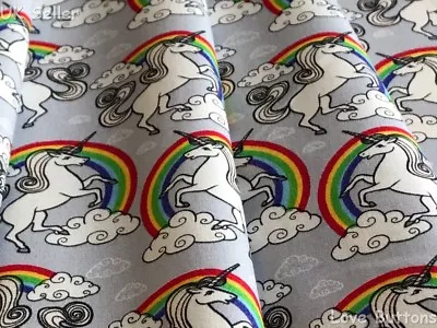Rose & Hubble 100% Cotton Silver Unicorn Rainbow Print Fabric Half/full Mtr & FQ • £3
