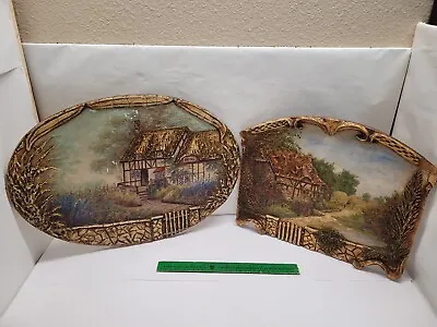 1934 Dimensional Painting On Wood Quaint Cottage Scenes Signed 1934 MA  Badgley • $179.90