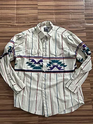 Vintage Wrangler Cowboy Cut Shirt Aztec Rodeo Dress Button Up Sz 35   17.5 • $56.99