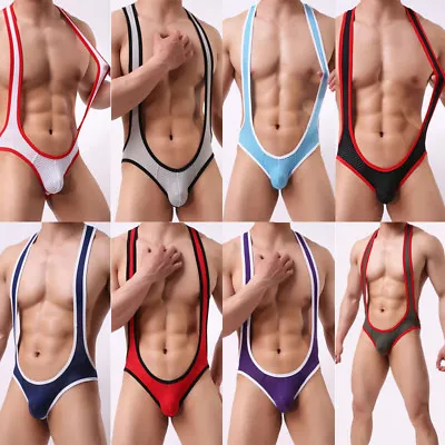 Men Bodysuit Mankini Wrestling Jockstrap Sexy Open Butt Mesh Underwear Thongs • £5.99