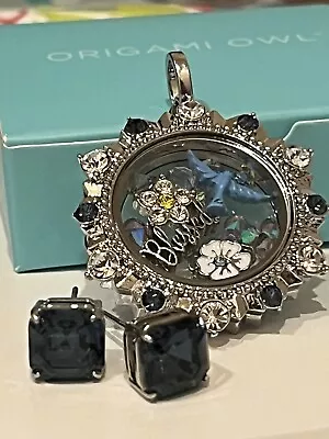 Origami Owl Silver Montana Crystal Medium Locket Set With Matching Clara Studs • $60