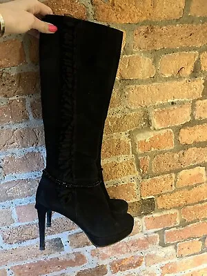 KENNEL SCHMENGER Black Suede Knee High Boots Stiletto Platform Uk5.5 Beads Frill • £11.95