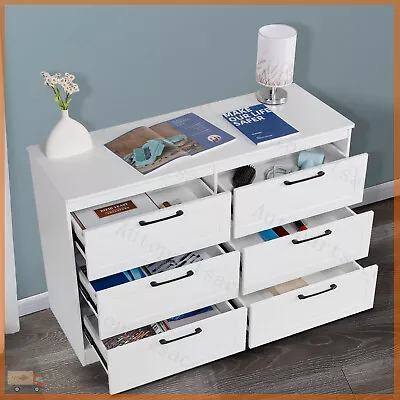 Wide White Chest Of 6 Drawers Bedroom Drawer Chests Storage Unit Cabinet Wooden • £84.99