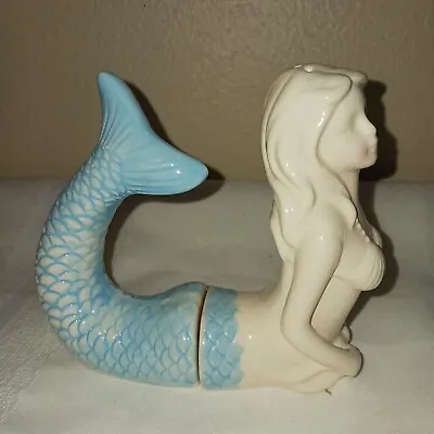 Beautiful Blushing Mermaid Salt Pepper Shakers Blue White W Stoppers Small Chip • $30