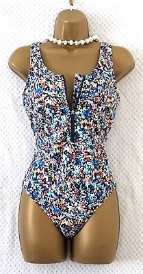 M&S Womens Swimsuit Sz 12 Blue Mix Floral Print Plunge Zip Up Padded One Piece • £12.99