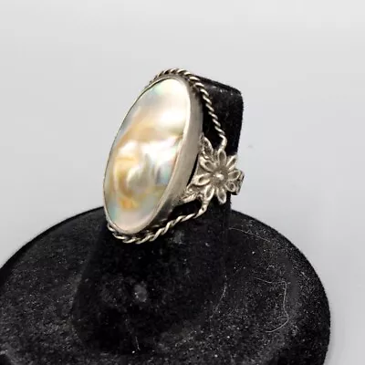 Estate Art Nouveau Sterling Silver Halo Oval Blister Mabe Pearl Ring Sz 6.25 • $44.92