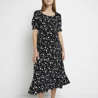 £10 • Buy River Island Womens Midi Dress Black Maternity Short Sleeve Frill Neck Casual