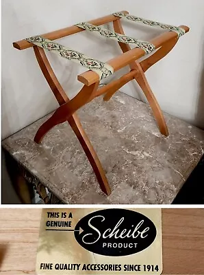 Vintage Scheibe Wooden Folding Luggage Suitcase Rack Stand With Tapestry Straps • $69.99