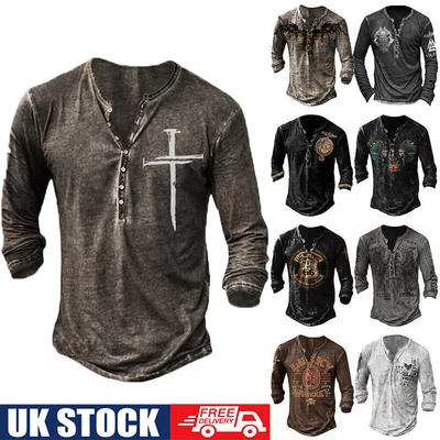 £14.99 • Buy Men Long Sleeve V Neck Henley Shirt Vintage Baggy V Neck Button Pullover T Shirt