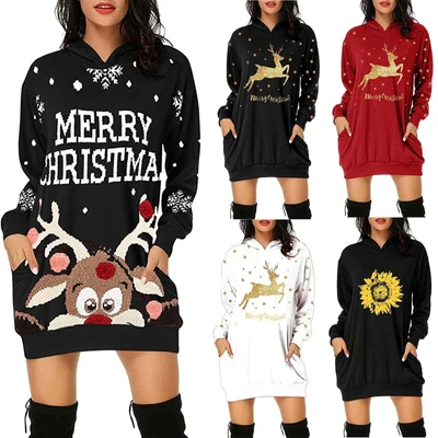 $38.02 • Buy Christmas Hot Sale Printed Mid-length Pocket Hooded Long-sleeved Sweater Womens