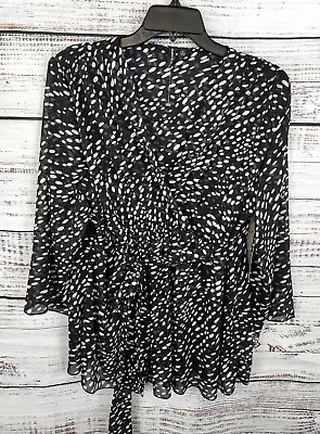 Essentials By Milano Blouse Women's XL Black Front Tie Polka Dot Long Sleeve NEW • $8.79