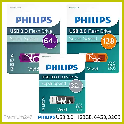 £7.59 • Buy PHILIPS 32/64/128 GB Vivid 3 HIGH SPEED USB 3 Flash Drive Memory Stick Pen Drive