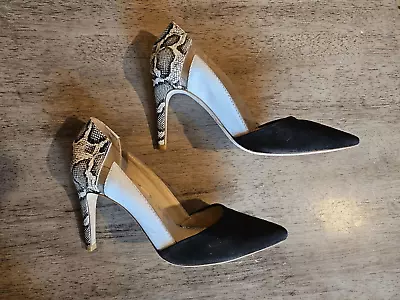 Vintage 90s Antonio Melani Size 7M Pumps Color Block Snakeskin Black White Clear • $50