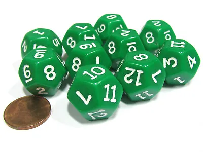 Set Of 10 D12 12-Sided 18mm Opaque RPG Dice - Green With White Numbers • $9.99