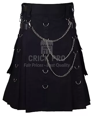 Black Cotton Gothic Kilt - Gothic Utility Kilt With Chain Fashion Steampunk Kilt • $59