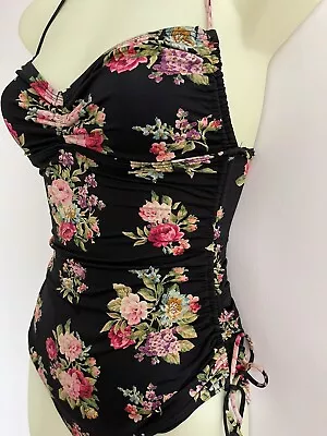 ZIMMERMANN Bikini One Piece Ruched Floral Halter-neck Swimsuit Size 0-XS Black • $129