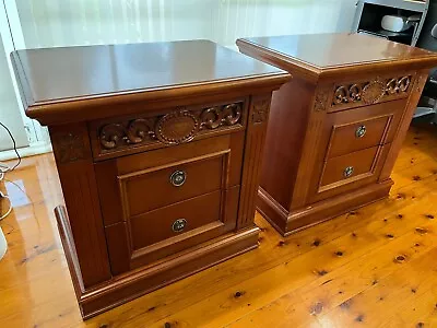 2x Solid Wood Bedside Table Set - 3 Drawer With Pattern • $300