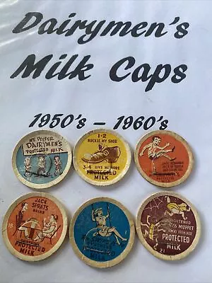 Dairymens Hawaii Milk Caps Lot Of 6 Caps Milk Covers ORIGINAL 1950’s 60’s POGS • $80