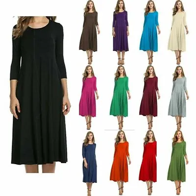 Womens Ladies Plain Jersey Swing Dress Casual Long Sleeve Midi Dress Skater Uk  • £10.11