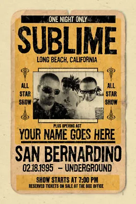$18 • Buy Your Name On A SUBLIME Concert Poster! Personalized Gift - Vintage Look