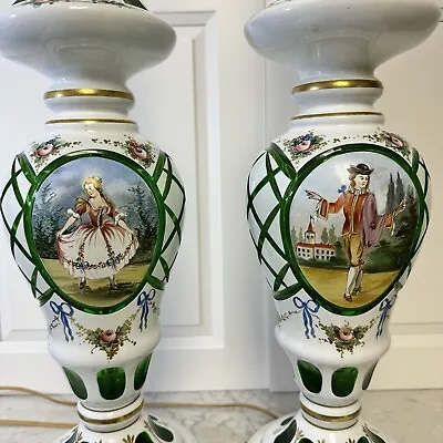 Pair Of Czech Bohemian Moser Lamps  White Cut To Emerald Green Rococo  Painted • $799.99