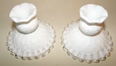 Set Of 2 Fenton Milk Glass Silver Crest Spanish Lace Candle Holders Candlesticks • $14.99