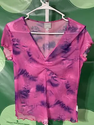 VERSACE Jeans Couture Women's Semi Sheer Lettuce Edge Top In BARBIE PINK Sz L • $39