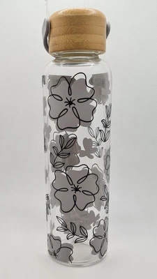 £6.99 • Buy Glass Floral Water Bottle 500ml Bamboo Lid Gym Drinking Bottle