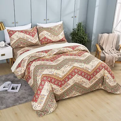 DaDa Bedding Botanical Rustic Boho Cranberry Sage Chevron Floral Duvet Cover Set • $29.92