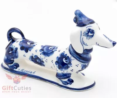 Porcelain DACHSHUND Lady Dog Figurine In Nightcap Gzhel Colors Handmade • $29