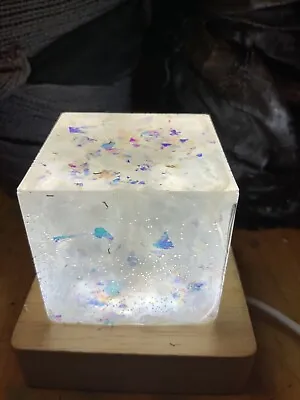 Unique Resin Cube Lamp  Wooden Base Milky Swirl And Holographic Flakes • £15