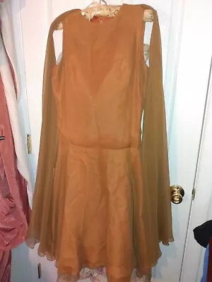 VTG PAUL STANLEY NEW YORK 1960s BROWN FANCY  CHIFFON PARTY DRESS W DRAPES SZ 8 • $38.95