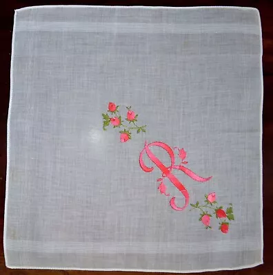 VINTAGE 1950s HANKY HANKIE MONOGRAM INITIAL  R  IN PINK WITH ROSES NEVER USED • $9.99