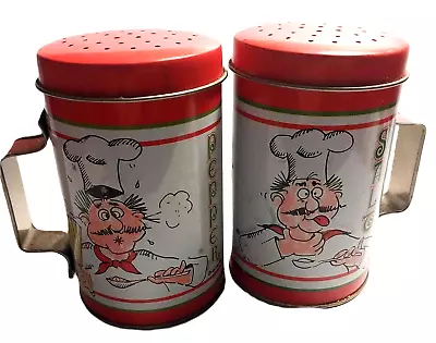 VINTAGE 1960s HOLLINGER TIN SALT & PEPPER SHAKERS MASTER CHEF MAKING FACES • $4.99