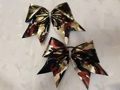 Girls Large Hair Bow Accessories Cheer Dance Cheerleading Army Camouflage Brown • £6.50