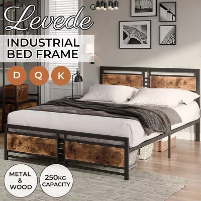 Levede Bed Frame King Double Queen Metal Mattress Base Wood Headboard Industrial • $219.99