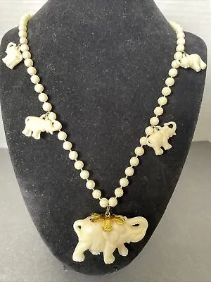 Celluloid Necklace Ivory Elephants  Beaded Necklace Vintage 23” • $29.99