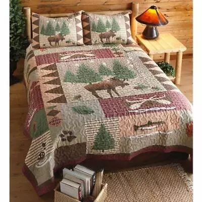 Cozy  Lodge Log Cabin Bear Moose Mountain Pine Tree Brown Green Rustic Quilt Set • $156.32