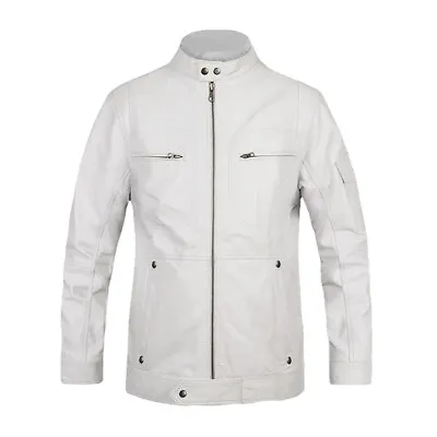 New Men's Genuine Lambskin Leather Slim Fit Biker Motorcycle Jacket White • $113.99