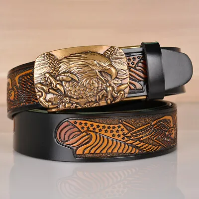 Designer Eagle Men Belt Genuine Leather Ratchel Buckle Jeans Belt Cowboy Strap • $21.89