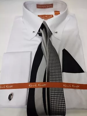 Mens White French Cuff Dress Shirt Tie Set W/ Eyelet Collar Bar Karl Knox SX4521 • $69.99
