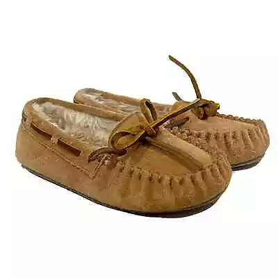 Minnetonka Kids Cassie Slip On Moccasin Size 10 Tan Brown Suede Faux Fur Lined • £10.21