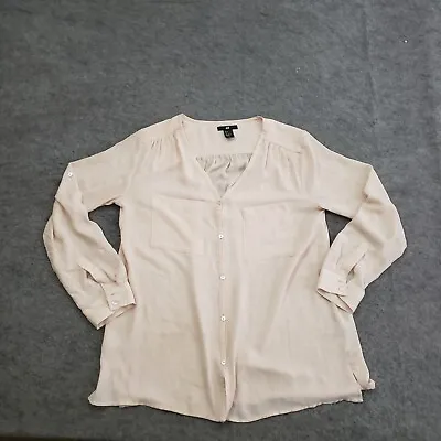 H&M Shirt Womens 4 Beige Blouse Long Sleeve Button Up V-Neck Casual Ladies ** • $10.49