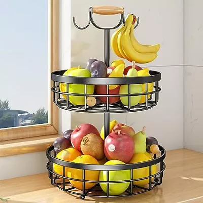 2tier Fruit Basket Bowl Vegetable Storage With Dual Banana Tree Hanger And Wood  • $33.13