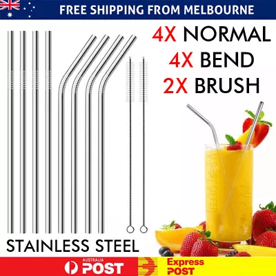 10PCS Stainless Steel Straws Bent Long Reusable Washable Metal Drinking Straw AU • $5.52