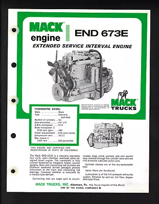 Mack Trucks End 673e Engine 4 Page Specifications Brochure 11/75 • $17.81